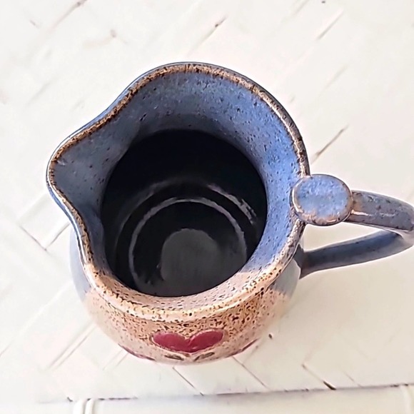 Signed Pottery Pitcher Speckled Design with Pink Heart Flowers 5" T x 6" W - Picture 2 of 7